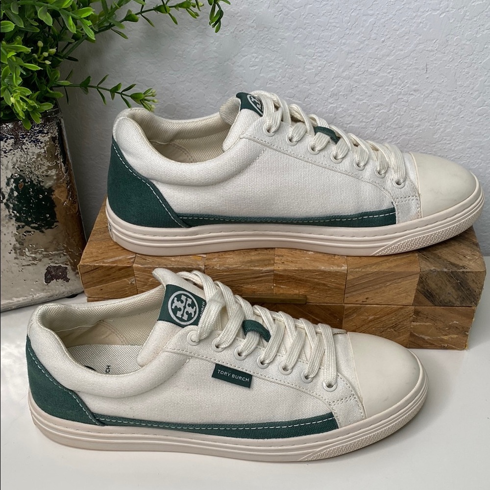 Tory Burch Howell Court Sneakers Womens White Green 8M Canvas Low Top Preppy